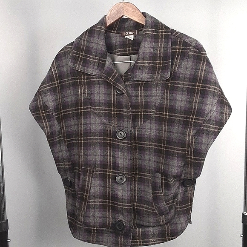 XCVI Vintage 90's Plaid Gray Wool Cape Caplet Jacket